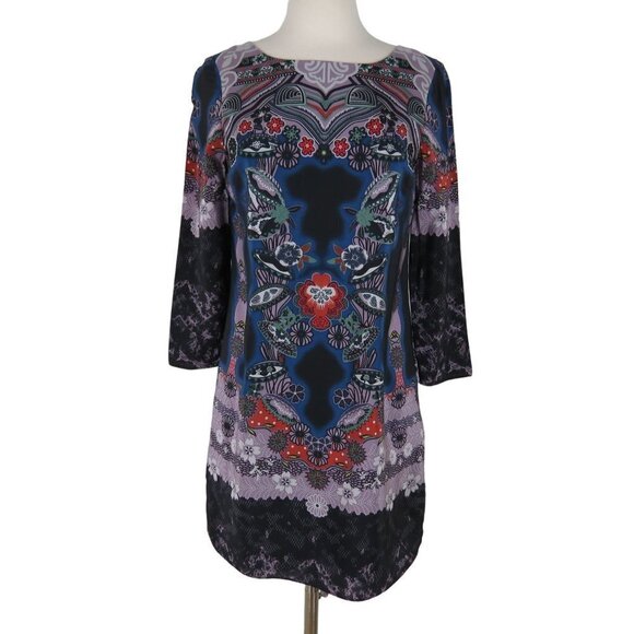 TIBI Women's Dark Colorful Kaleidoscope Floral Print 100% Silk Shift Dress 4 - Picture 1 of 9